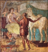 Dédale présentant la vache en bois à Pasiphaé - maison des Vettii, Pompéi  (1er siècle)