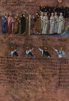 Codex [livre à pages cousues] Purpureus Rossanensis - Parchemin teint en pourpre -  La résurrection de Lazare - VIPortrait de Vel Saties chef de guerre étrusque portant la toge picta -Tombe Francois à Vulci (Rome) - 4ᵉ s. av. J.-C.