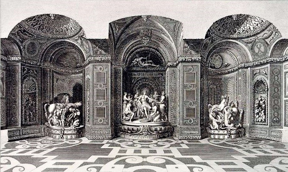 La grotte de Tethys, murs tapissés de coquilles, de galets et de pierres colorées, Versailles - 1666 détruite en 1684