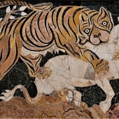 Tigre attaquant un bœuf première moitié du IVe siècle apr. J.-C. Pavement de la basilique édifiée par Junius Bassus, consul en 331 sur l'Esquilin - musée du Capitole, Rome