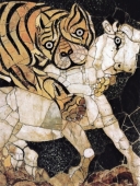 Tigre attaquant un bœuf première moitié du IVe siècle apr. J.-C. Pavement de la basilique édifiée par Junius Bassus, consul en 331 sur l'Esquilin - musée du Capitole, Rome