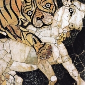 Tigre attaquant un bœuf première moitié du IVe siècle apr. J.-C. Pavement de la basilique édifiée par Junius Bassus, consul en 331 sur l'Esquilin - musée du Capitole, Rome
