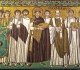Au centre l''empereur byzantin Justinien et sa cour, l'évèque Maximien et le général Belisaire - mosaïque de la basilique saint Vital à Ravenne ; VIème s.- crédit Roger Culos