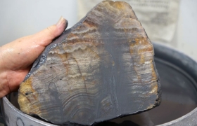 Boues d'abrasion pendant le polissage d'une agate rubanée au vibreur © Christian Brion
