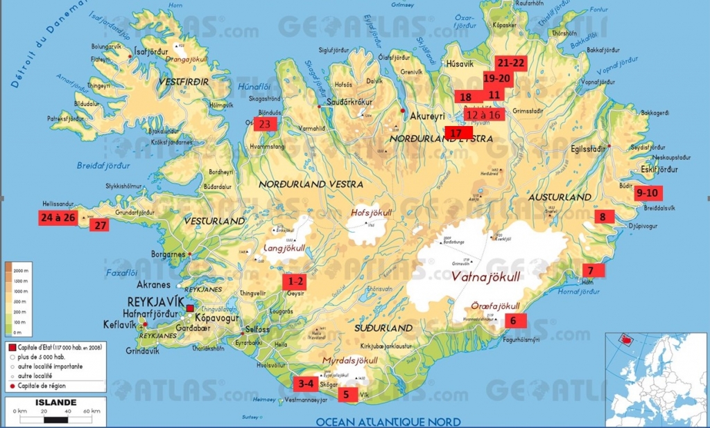 Carte d\'Islande avec localisation des prises de vue - crédit Géoatlas, Graphi-ogre