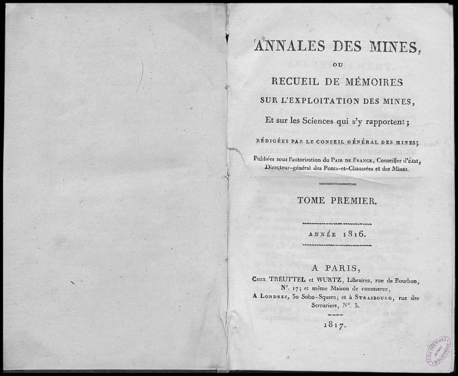Mémoire sur l\'étendue géographique du terrain des environs de Paris par JJ d\'Omalius d\'Halloy - Annales des Mines 1816 - Reproduction d\'une conférence donnée à l\'Institut le 13 août 1813