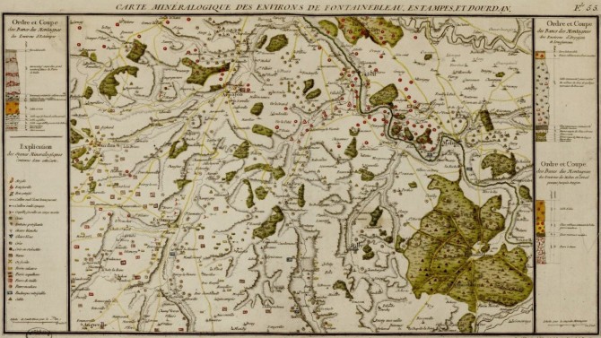 "Carte minéralogique des environs de Fontainebleau, Estampes, et Dourdan", feuille n°55, extraite de "l'Atlas minéralogique de la France" par Jean-Etienne Guettard (1767). Les coupes lithostratigraphiques apparaissant dans les marges latérales sont de la main de Lavoisier. Mines Paristech