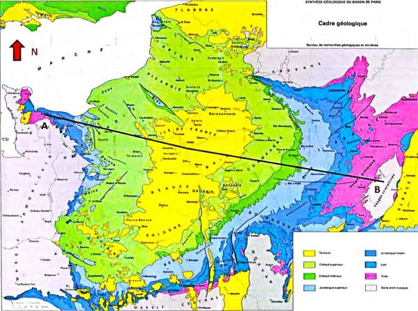 Carte géologique du Bassin parisien - Extrait de "Synthèse géologique du Bassin de Paris" - Mégnien, Claude - Ed. BRGM Mémoire n°102 (1980)