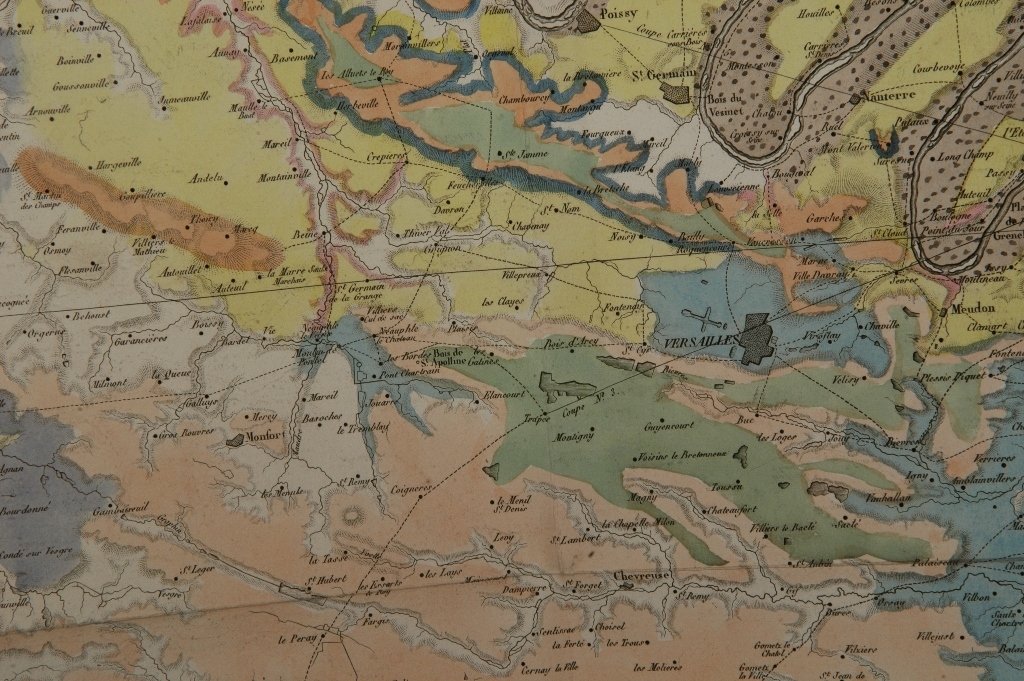 Carte géognosique des environs de Paris (extrait centré sur Grignon), Cuvier et Brongniart - 1810. Une des premières cartes géologiques au monde.