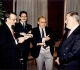 Jacques Géraud remet à Yves Coppens le diplôme de Membre d'Honneur du Club géologique. Aux côtés de Jacques Géraud :  Yves Le Maguet et Georges Vancraynest, membres du Club, co-organisateurs de l'exposition "l'Odyssée préhistorique" en 1991 au centre culturel André Malraux du Kremlin Bicêtre (94). Photo Maryse Le Gal