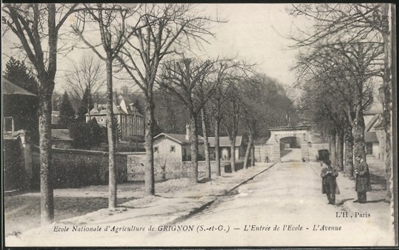 Grignon - L'avenue qui mène à l'école; le pigeonnier à gauche