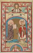 Enluminure extraite de l'evangiliaire de Lund figurant Jérome de Stridon présentant sa version de la Vulgate au pape Damase Ier - 1150 - Bibliothèque de l'université d'Uppsala