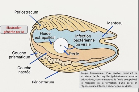 Illustration d'une coupe transversale de bivalve montrant les 3 couches de la coquille, le manteau et une perle - Générée par IA
