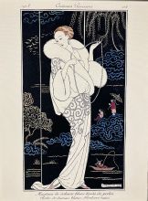 Manteau de velours blanc brodé de perles ; robe de damas blanc – Souliers roses. Dessin George Barbier- Ed. Vaugirard
