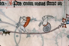 Homme en braies avec massue et bouclier attaquant un hybride zoomorphe (caprin dans une coquille d'escargot). Enluminure du breviarium virdunense 1302 - Verdun, Bibliothèque municipale, BNF