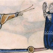 Détail du psautier de Gorleston (1310-1324) : un chevalier semble en adoration ou implorer miséricorde - crédit photo Chris Mc Glashon BLL