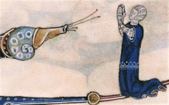 Détail du psautier de Gorleston (1310-1324) : un chevalier semble en adoration ou implorer miséricorde - crédit photo Chris Mc Glashon BLL