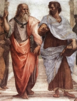 Platon et Aristote - détail de 'l'école d'Athènes' par Raphaël (1509) - Chambre de la Signature (les Stanze) des musées du Vatican.