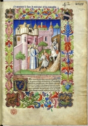 Frontispice 'Le livre des merveilles' de Marco Polo. enluminure réalisée par 'Le Maître de la Mazarine' à l’attention de Jean sans Peur, duc de Bourgogne vers 1410-1412  – Source gallica.bnf.fr / BnF