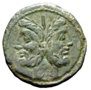 Janus bifrons, sur une monnaie romaine, ier siècle av. J.-C.
