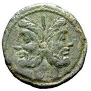 Janus bifrons, sur une monnaie romaine, ier siècle av. J.-C.