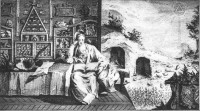 Marie Catherine Lefranc de Courtagnon devant sa collection et la carrière fossilifère de Courtagnon (51) à droite - Dom Dieudonné (1763) - © BNF