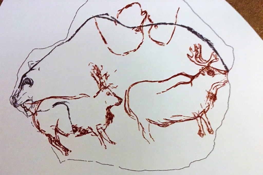 Bloc gravé figurant 1 ours et 2 rennes - expo temporaire l'ours dans l'art préhistorique