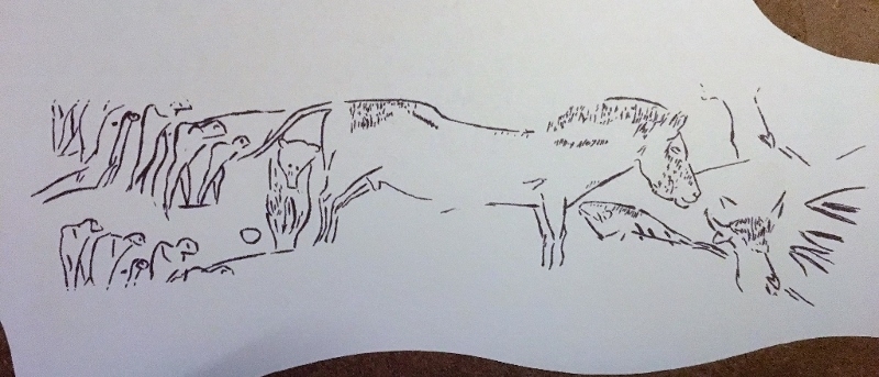 Gravure figurant humains, ours, cheval, bison et poisson - Grotte de la Vache Ariège - Magdalénien - expo temporaire l'ours dans l'art préhistorique