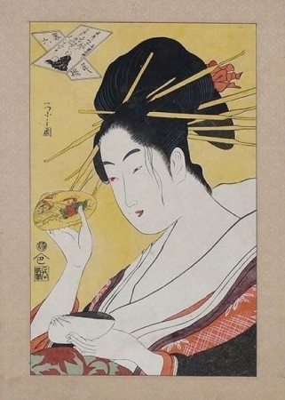 Courtisane tenant une coquille de Meretrix lusaria (Röding, 1798) illustré du Conte de Genji-La-princesse-divine-au-pont-dUji - Dans cet épisode, Kaoru, le fils supposé de Genji, rend visite à la princesse Ōigimi à Uji- Chobunsai Eishi (1796) - MET