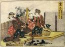 La cuisson des palourdes Meretrix lusoria à l'aide de pommes de pin à Kuwana (Japon) - La femme qui évente le feu, tournant son visage de l’autre côté pour éviter la fumée. Katsushika Hokusai (1760-1849).