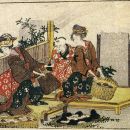La cuisson des palourdes Meretrix lusoria à l'aide de pommes de pin à Kuwana (Japon) - La femme qui évente le feu, tournant son visage de l’autre côté pour éviter la fumée. Katsushika Hokusai (1760-1849).