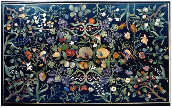 Plateau de marqueterie de pierres dures, Florence  acheté à Rome en 1668, déposé au MNHN en 1800