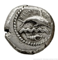 Monnaie phénicienne - 5è/4è s BC. - Dauphin sur 2 lignes de flots et murex dans champ inférieur