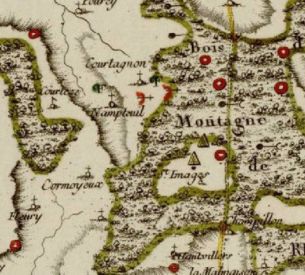 Le gisement coquillier de Courtagnon signalé par un demi-cercle rouge est figuré sur 'l'Atlas et description minéralogique de la France' par MM Jean-Etienne Guettard et Monnet (1780). La planche 27 Valois, Soissonnois et Rhémois est publiée  par M. Monnet en 1794 - © MinesParisTech