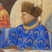 Le Duc de Berry - détail  du livre d'heures 'Les Très Riches Heures du duc de Berry' Mois de janvier, scène de repas chez le duc - Frères de Limbourg - Chantilly musée Condé - XVe siècle